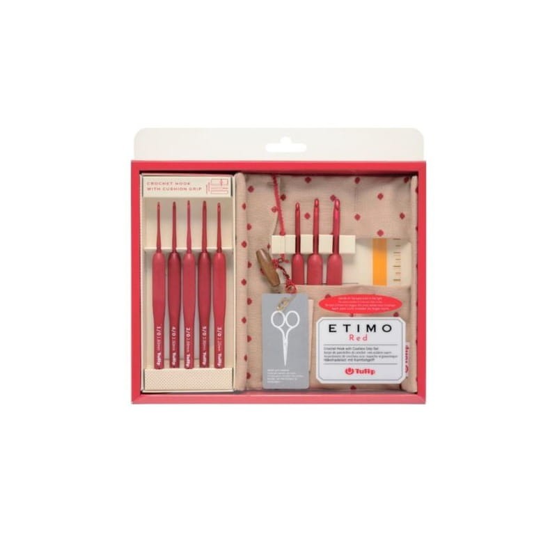 Zestaw szydełek aluminiowych z ergonomiczną rączką z akcesoriami TULIP - Etimo Red 1,8-5mm