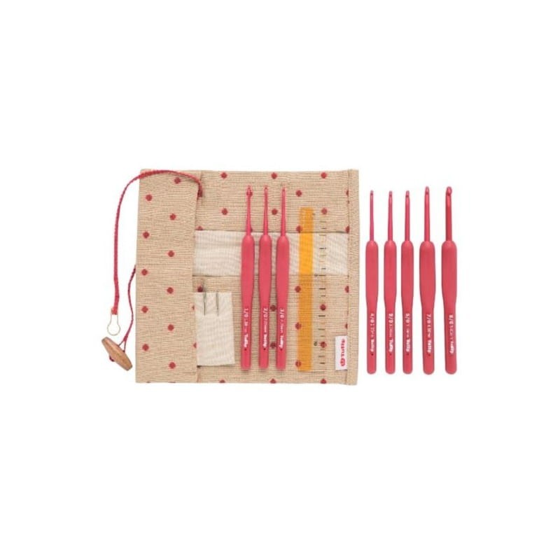 Zestaw szydełek aluminiowych z ergonomiczną rączką z akcesoriami TULIP - Etimo Red 1,8-5mm